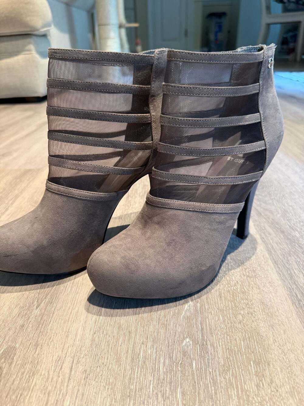G by Guess Gray Suede Mesh Cage Stiletto High Heel Booties Size 9M